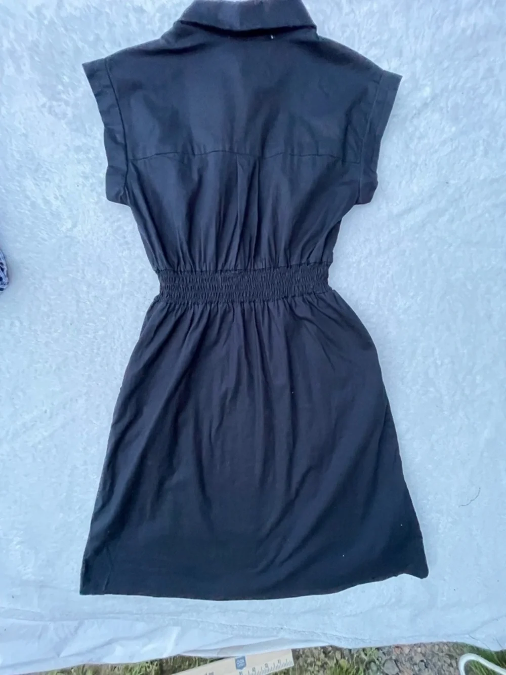 Black Button-Front Shirtdress with Smocked Waist‎